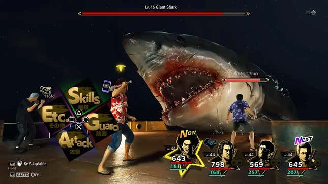 A screenshot from Yakuza: Infinite Fortune shows a battle with a giant shark.